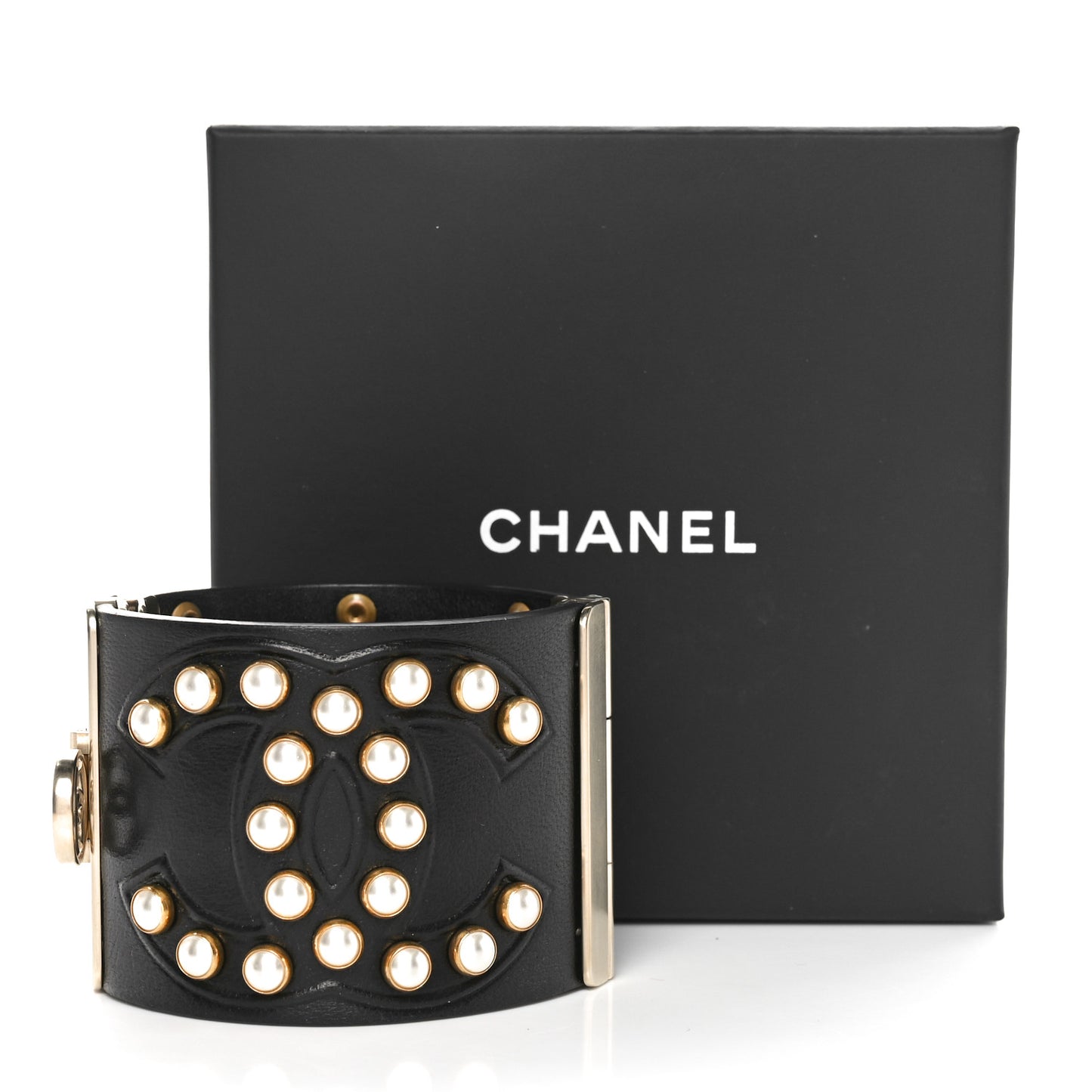 Lambskin Calfskin Pearl CC Cuff Bracelet Black Gold