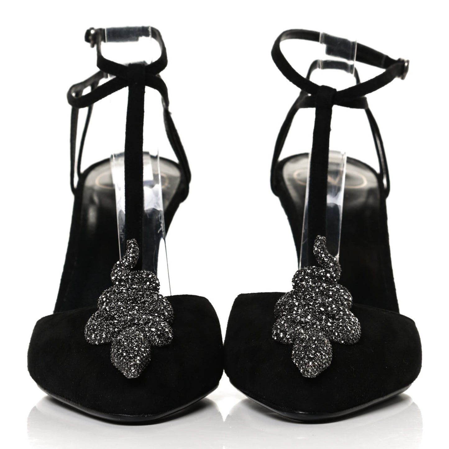 Suede Crystal Snake Embellished Ankle Strap Pumps 36.5 Black