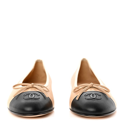 Chanel Lambskin Cap Toe CC Ballerina Flats 39.5 Beige Black 2 of 10
