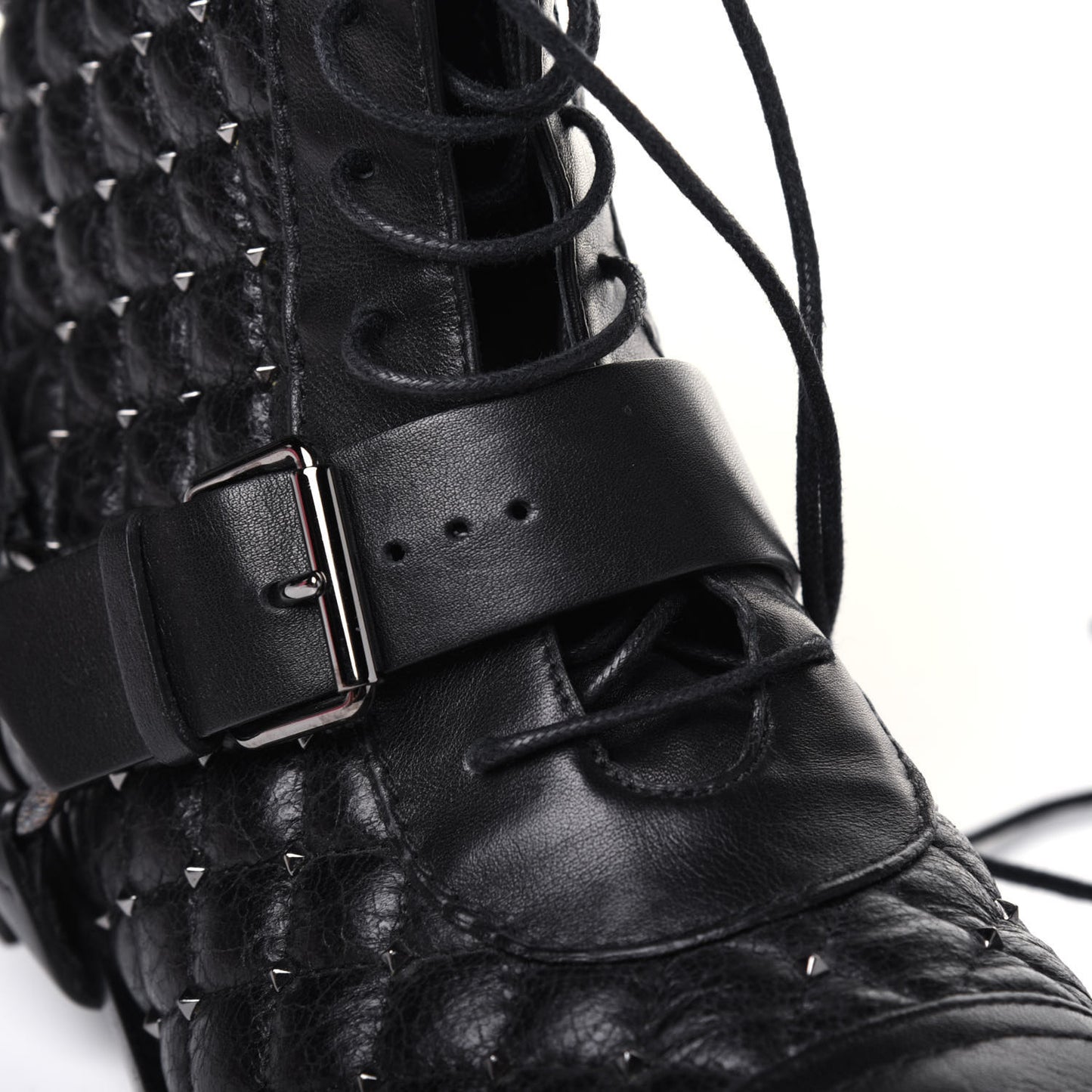 Crackled Lambskin Rockstud Spike 20mm Combat Boots 37.5 Black