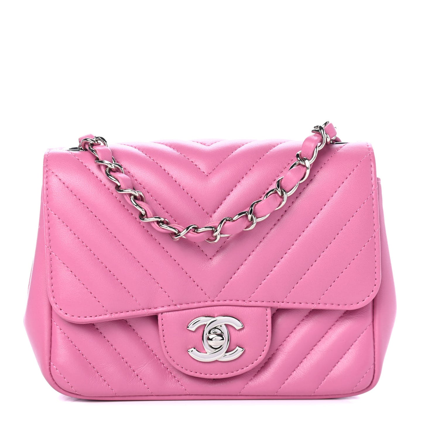 Lambskin Chevron Quilted Mini Square Flap Pink