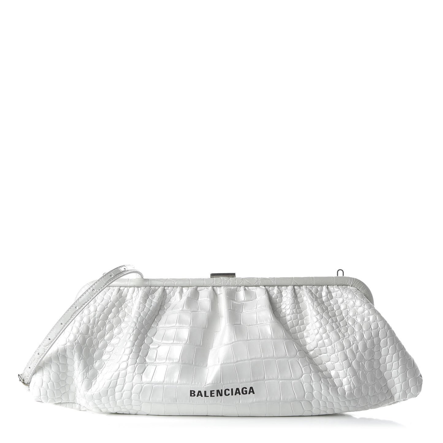 Shiny Supple Calfskin Logo Crocodile Embossed XL Cloud Clutch White