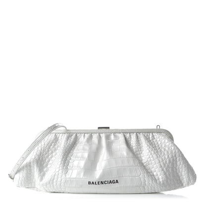 Balenciaga Shiny Supple Calfskin Logo Crocodile Embossed XL Cloud Clutch White 1 of 10