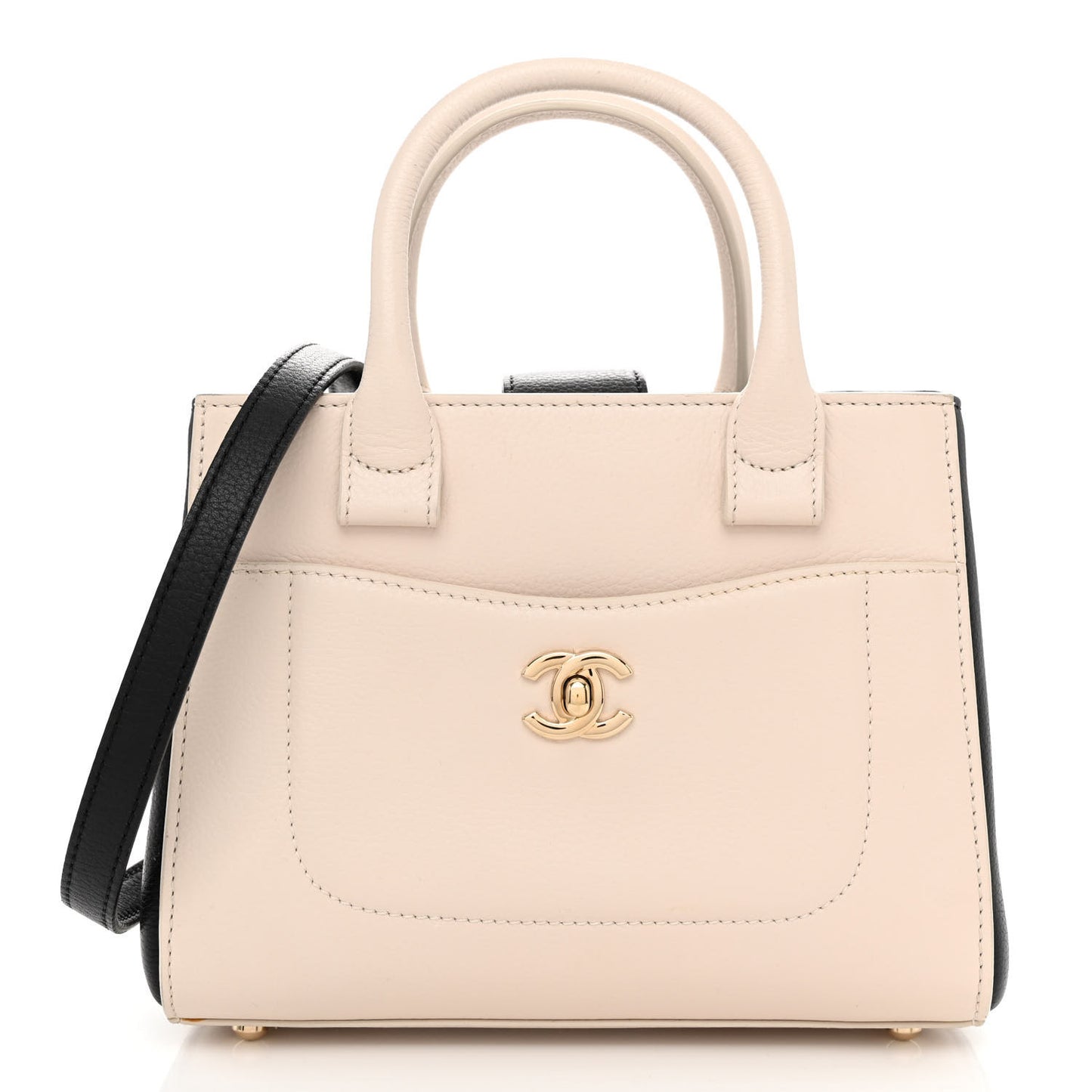 Grained Calfskin Mini Bi-Color Neo Executive Shopper Tote Beige Black