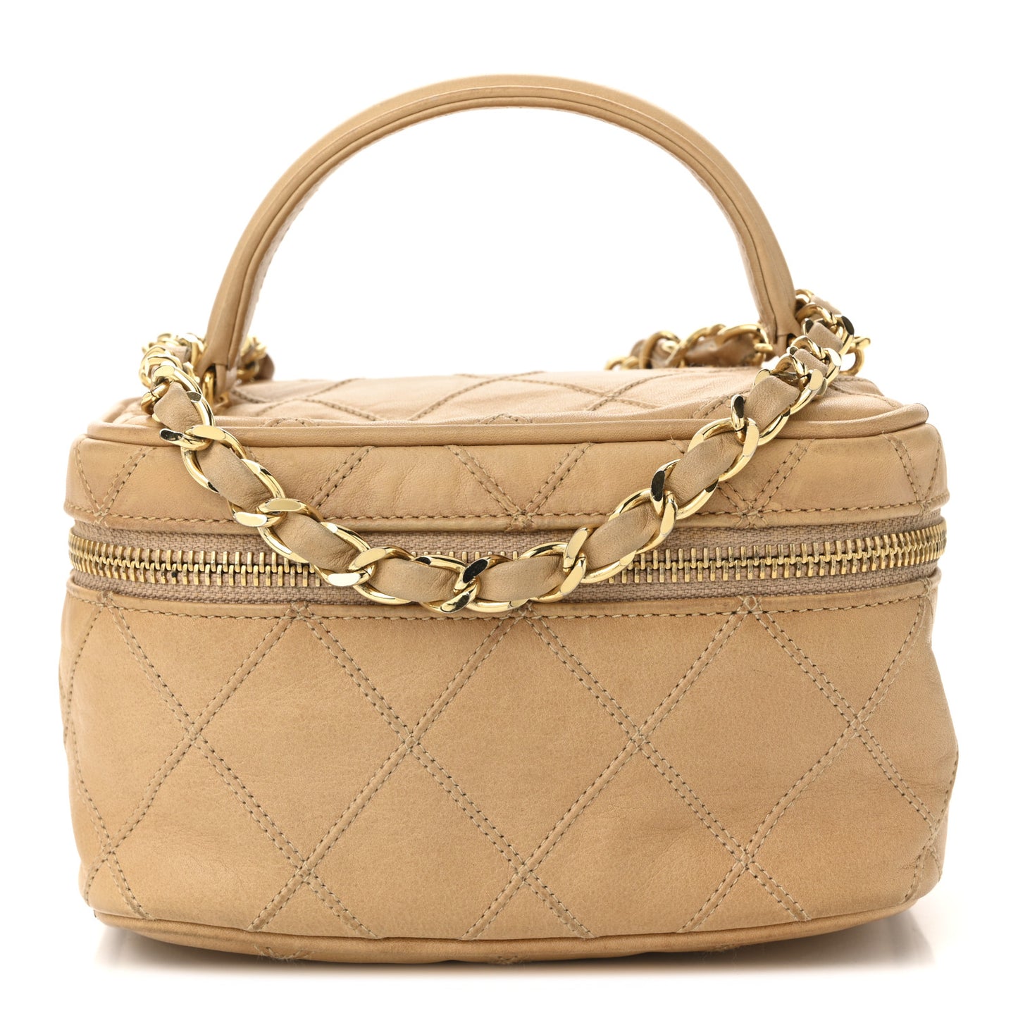 Lambskin Diamond Stitched Vanity Case With Chain Beige