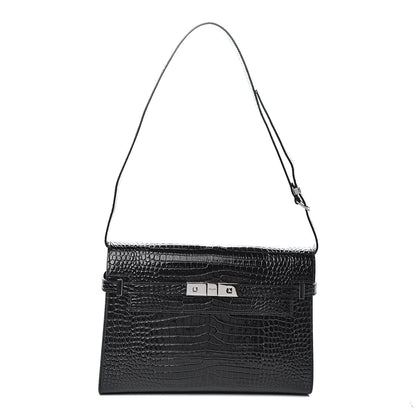 Saint Laurent Shiny Calfskin Crocodile Embossed Manhattan Baguette Black 1 of 9