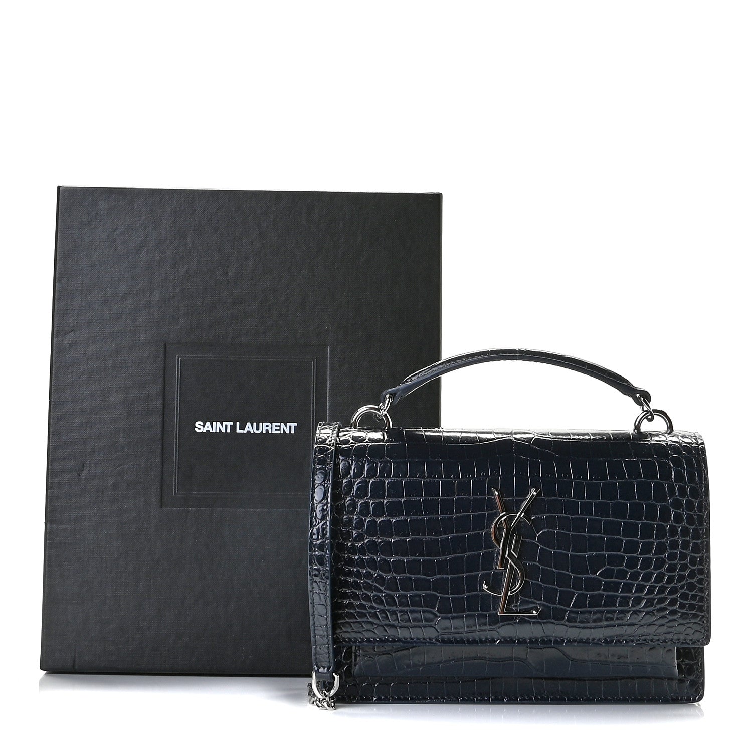 Saint Laurent Calfskin Crocodile Embossed Monogram Sunset Chain Wallet New Cobalt 13 of 13