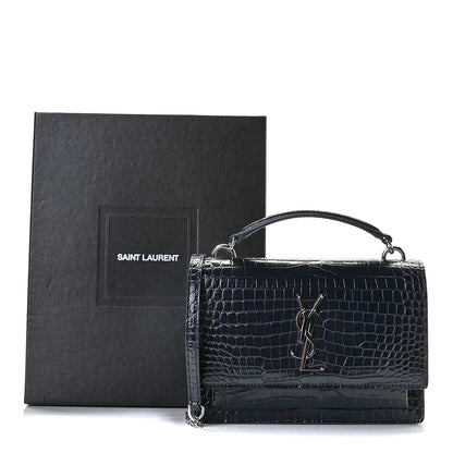 Saint Laurent Calfskin Crocodile Embossed Monogram Sunset Chain Wallet New Cobalt 13 of 13