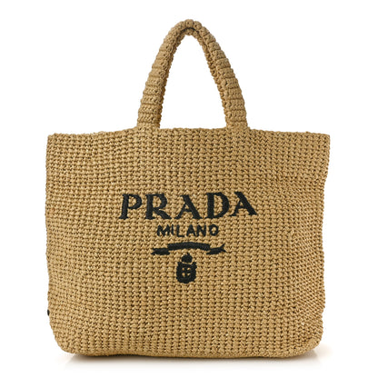 Prada Yarn Raffia Effect Crochet Embroidered Logo Tote Naturale 1 of 9
