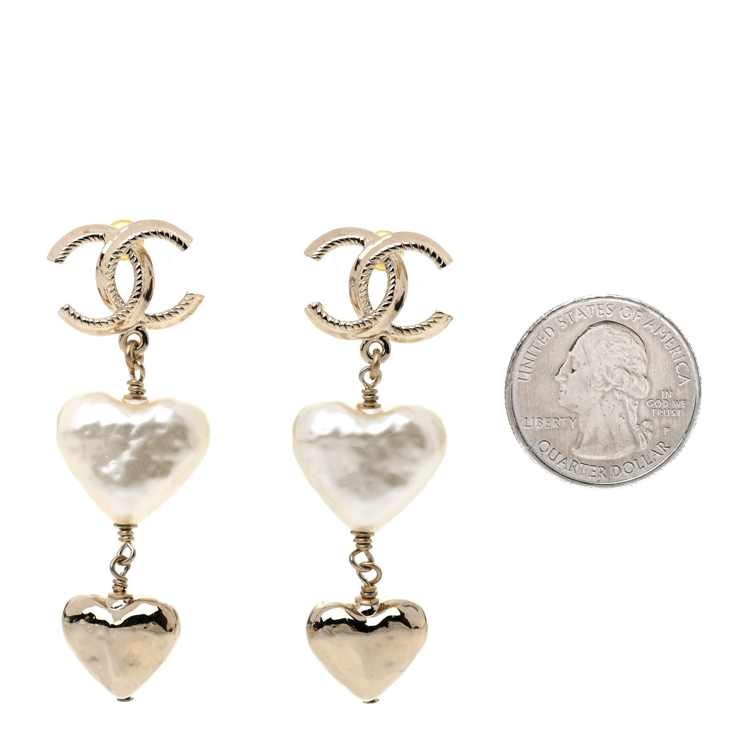 Chanel Pearl CC Double Heart Drop Earrings Gold 2 of 4
