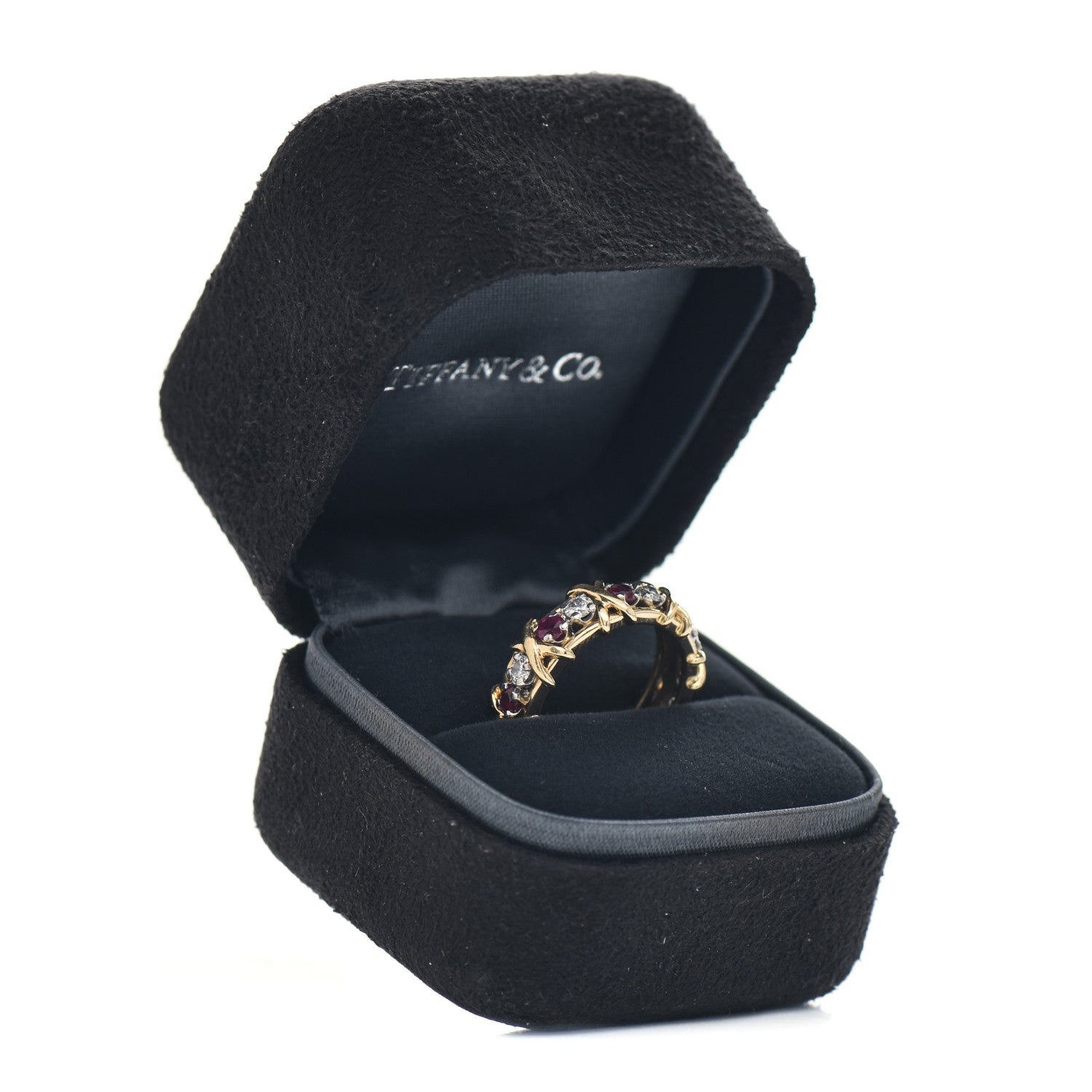 Tiffany 18K Yellow Gold Platinum Diamond Ruby Schlumberger Sixteen Stone Ring 52 6 5 of 5