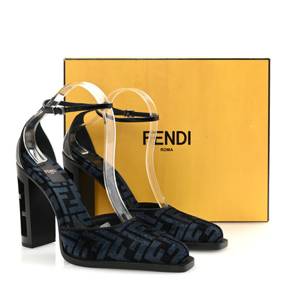 Fendi Chenille Jacquard FF Cut Baguette Ankle Strap 105mm Pumps 39.5 Black Blue 9 of 9