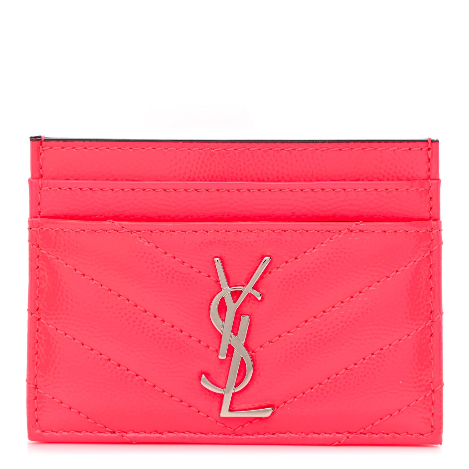 Saint Laurent Grain De Poudre Matelasse Chevron Monogram Credit Card Case Neon Pink 1 of 9