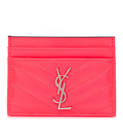 Saint Laurent Grain De Poudre Matelasse Chevron Monogram Credit Card Case Neon Pink 1 of 9