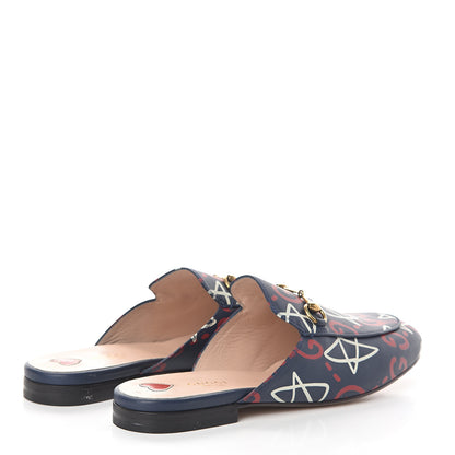 Gucci Calfskin GucciGhost Print Womens Princetown Slippers 40 Blue Agata Hibiscus Red 4 of 7