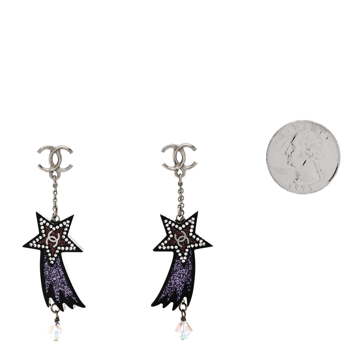 Chanel Resin Crystal CC Shooting Star Dangle Earrings Silver Purple 2 of 4