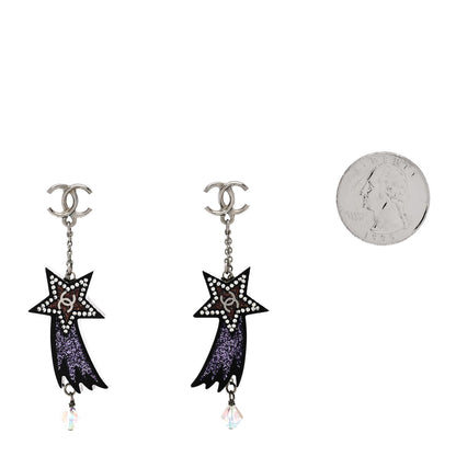 Chanel Resin Crystal CC Shooting Star Dangle Earrings Silver Purple 2 of 4