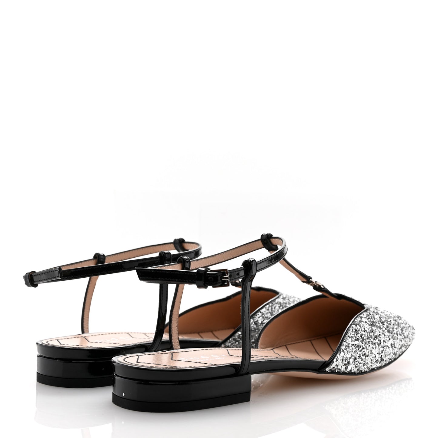 Calfskin Glitter Double G Slingback Flats 37.5 Silver Black