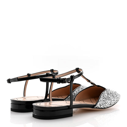 Gucci Calfskin Glitter Double G Slingback Flats 37.5 Silver Black 5 of 9