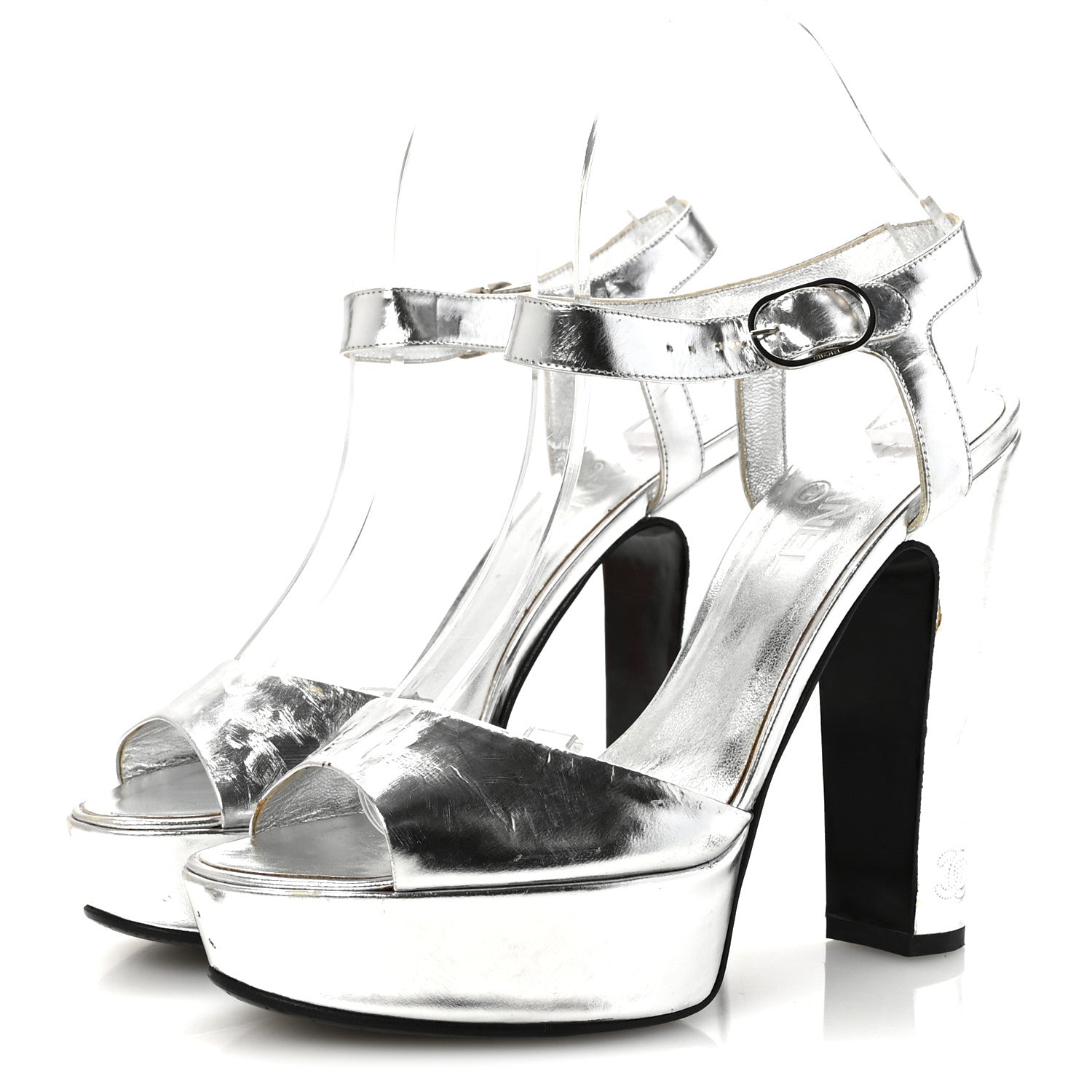 Chanel Metallic Laminated Calfskin CC Platform Sandals 40 Silver 4 of 9