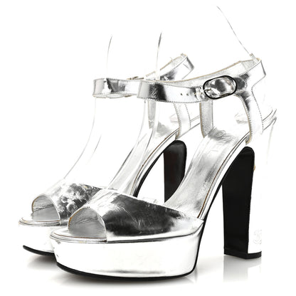 Chanel Metallic Laminated Calfskin CC Platform Sandals 40 Silver 4 of 9