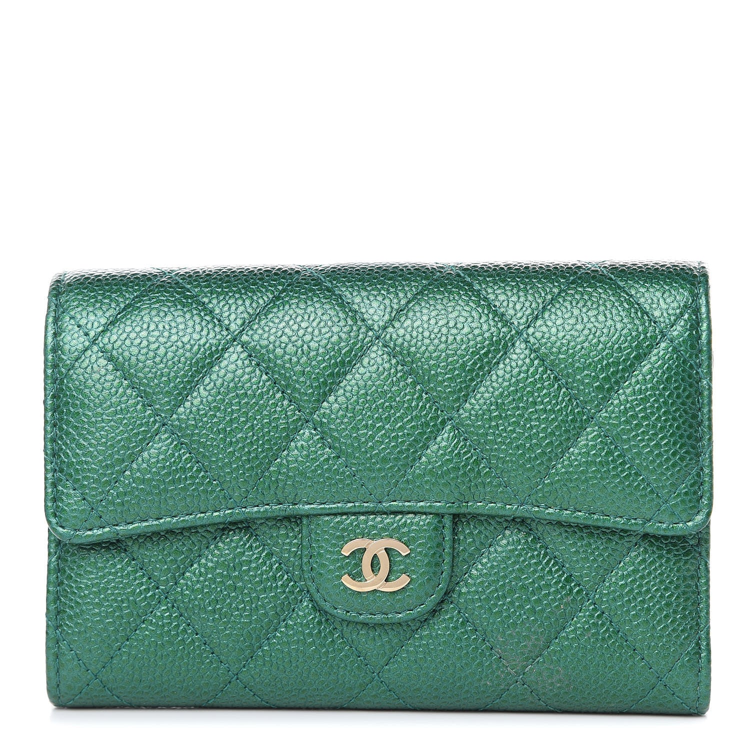 Chanel Metallic Caviar Quilted Medium Flap Wallet Green 1 of 10