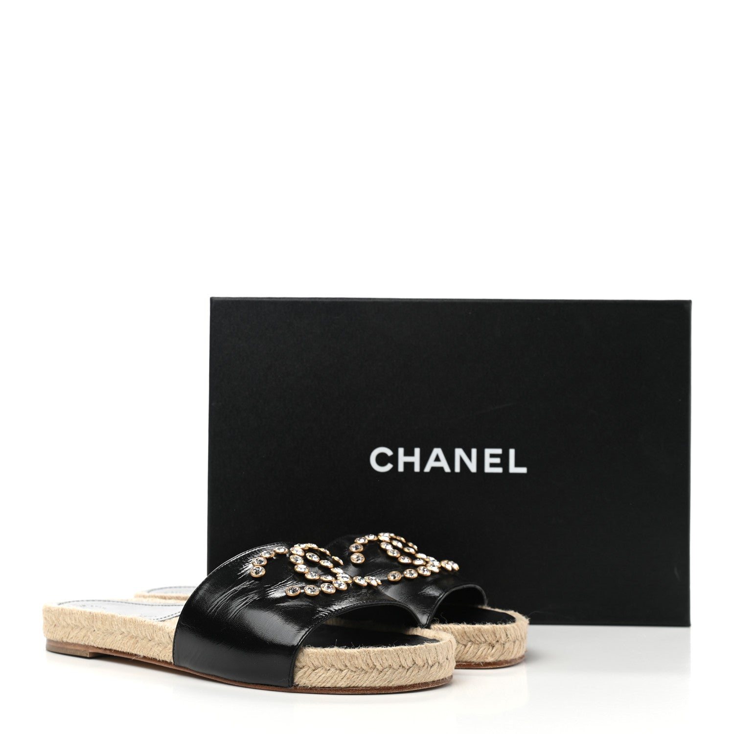 Chanel Patent Calfskin Crystal CC Espadrille Slip On Sandals 38 Black 9 of 9