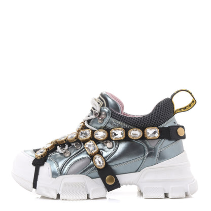 Gucci X SEGA Metallic Calfskin Removable Crystals Womens Flashtrek Sneakers 36.5 Lago Loess Silver 1 of 8