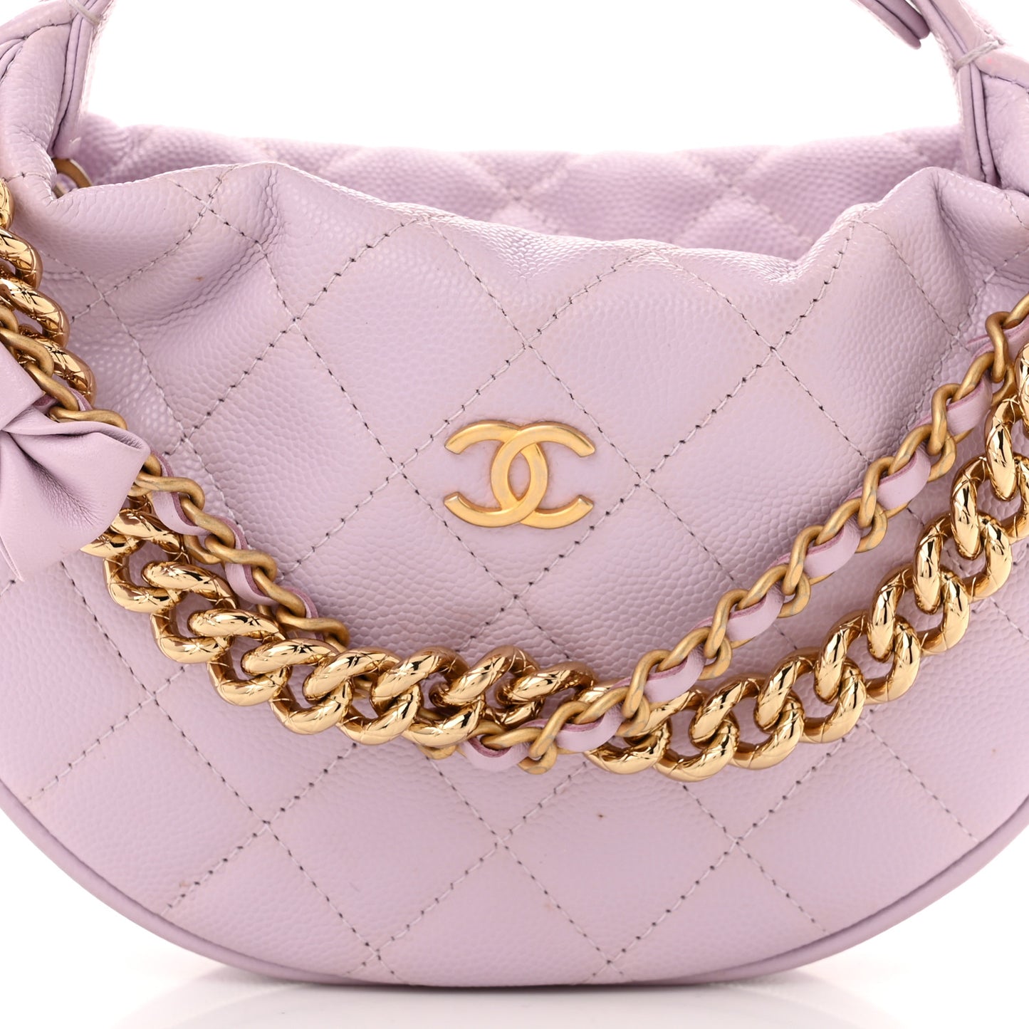 Shiny Caviar Quilted Bow Pouch Hobo Light Purple