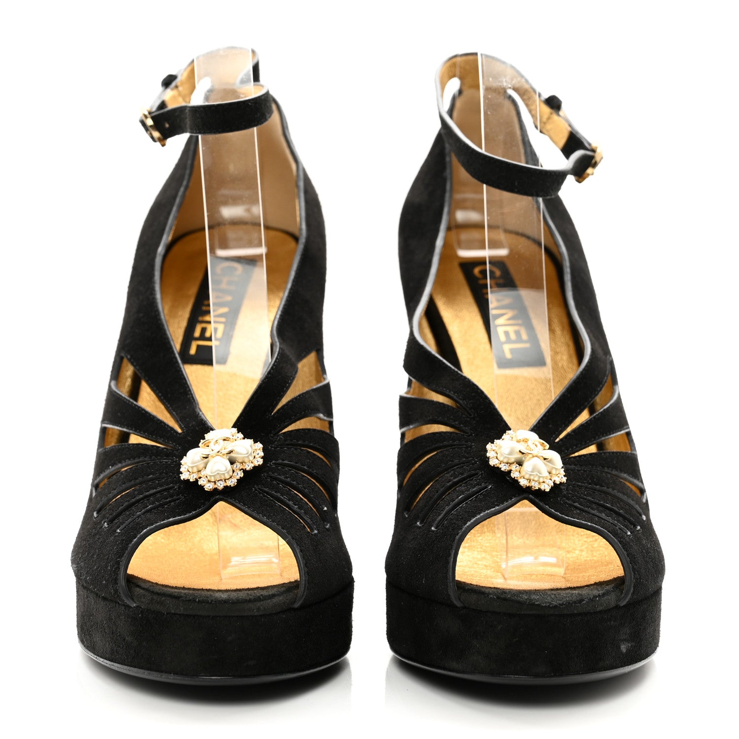 Chanel Suede Calfskin Pearl Shamrock CC Sandals 40.5 Black 2 of 8