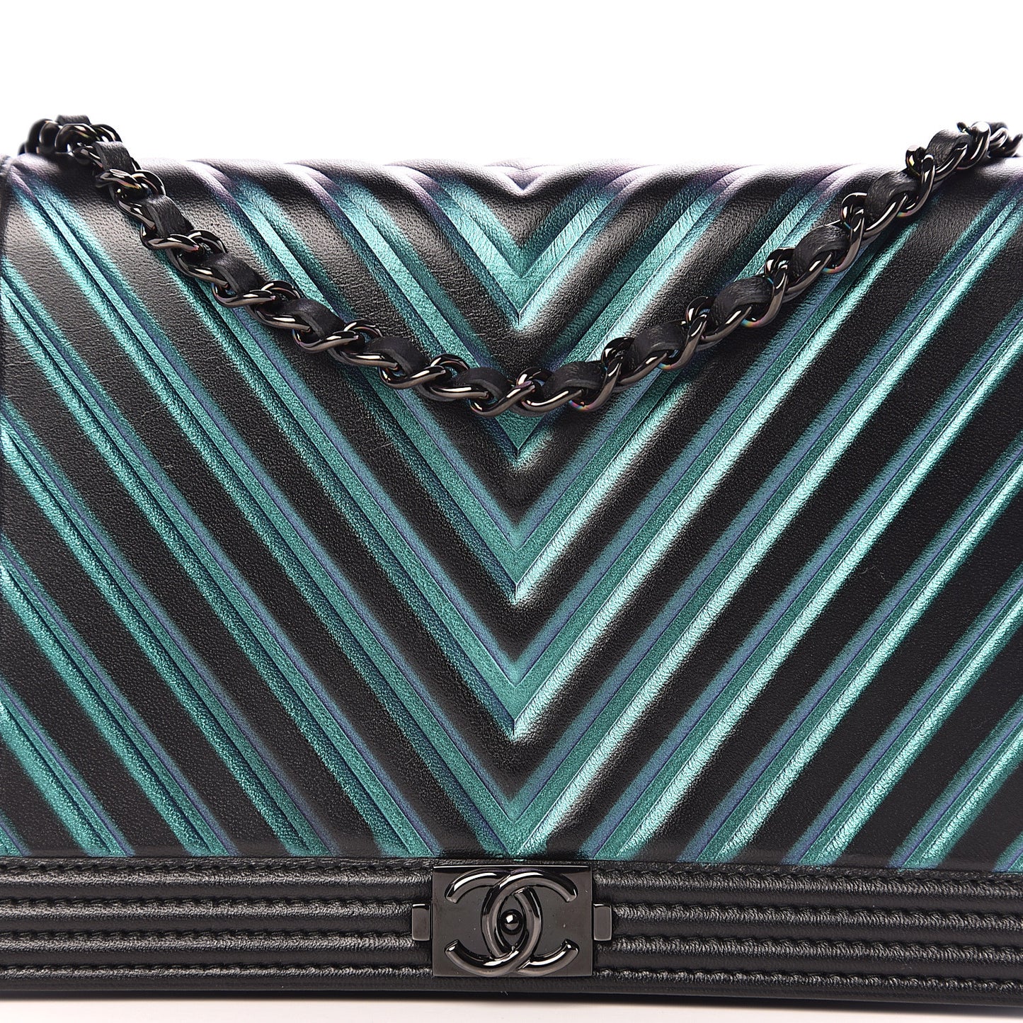 Calfskin Painted Chevron Embossed Boy Wallet On Chain WOC Black