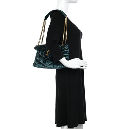 Saint Laurent Crushed Velvet Quilted Small Loulou Puffer Monogram Chain Satchel Emerald 2 of 9