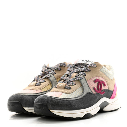 Chanel Fabric Suede Calfskin CC Sneakers 36.5 Pink Beige Multicolor 3 of 13