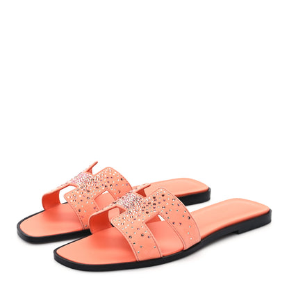 Hermes Suede Goatskin Rhinestone Oran Sandals 39.5 Orange Joey 3 of 9