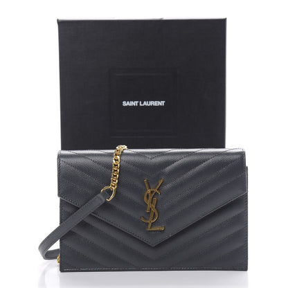 Saint Laurent Grain De Poudre Matelasse Chevron Monogram Envelope Chain Wallet Dark Smog 11 of 11