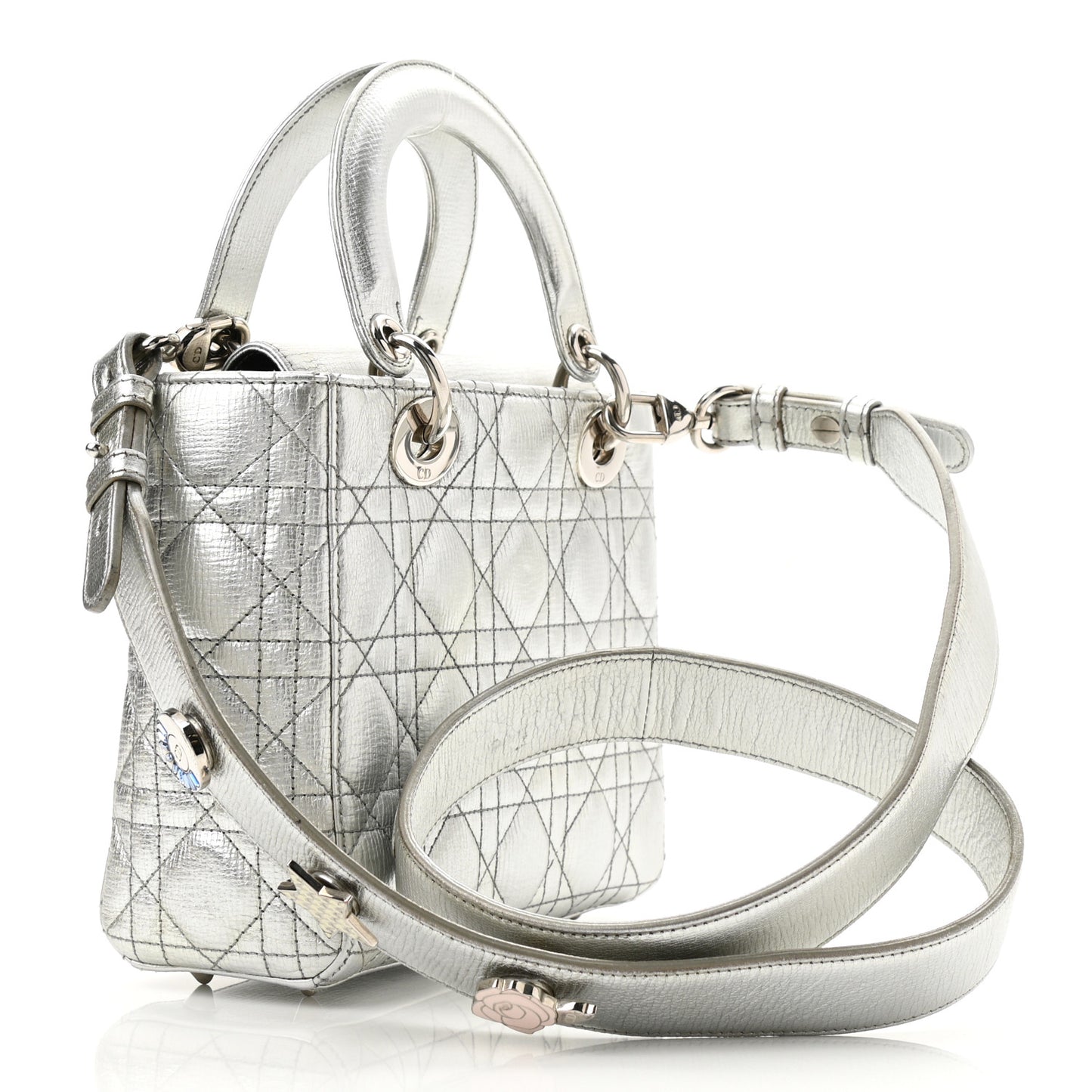 Metallic Grained Calfskin Cannage Small Lucky Badges My Lady Dior Silver