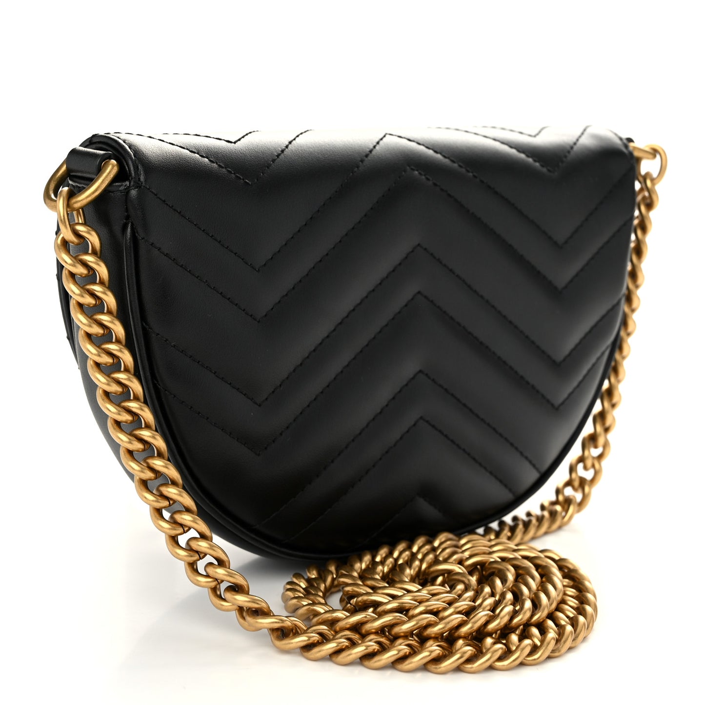 Calfskin Matelasse Mini GG Marmont Chain Half Moon Crossbody Bag Black