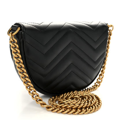 Gucci Calfskin Matelasse Mini GG Marmont Chain Half Moon Crossbody Bag Black 3 of 11
