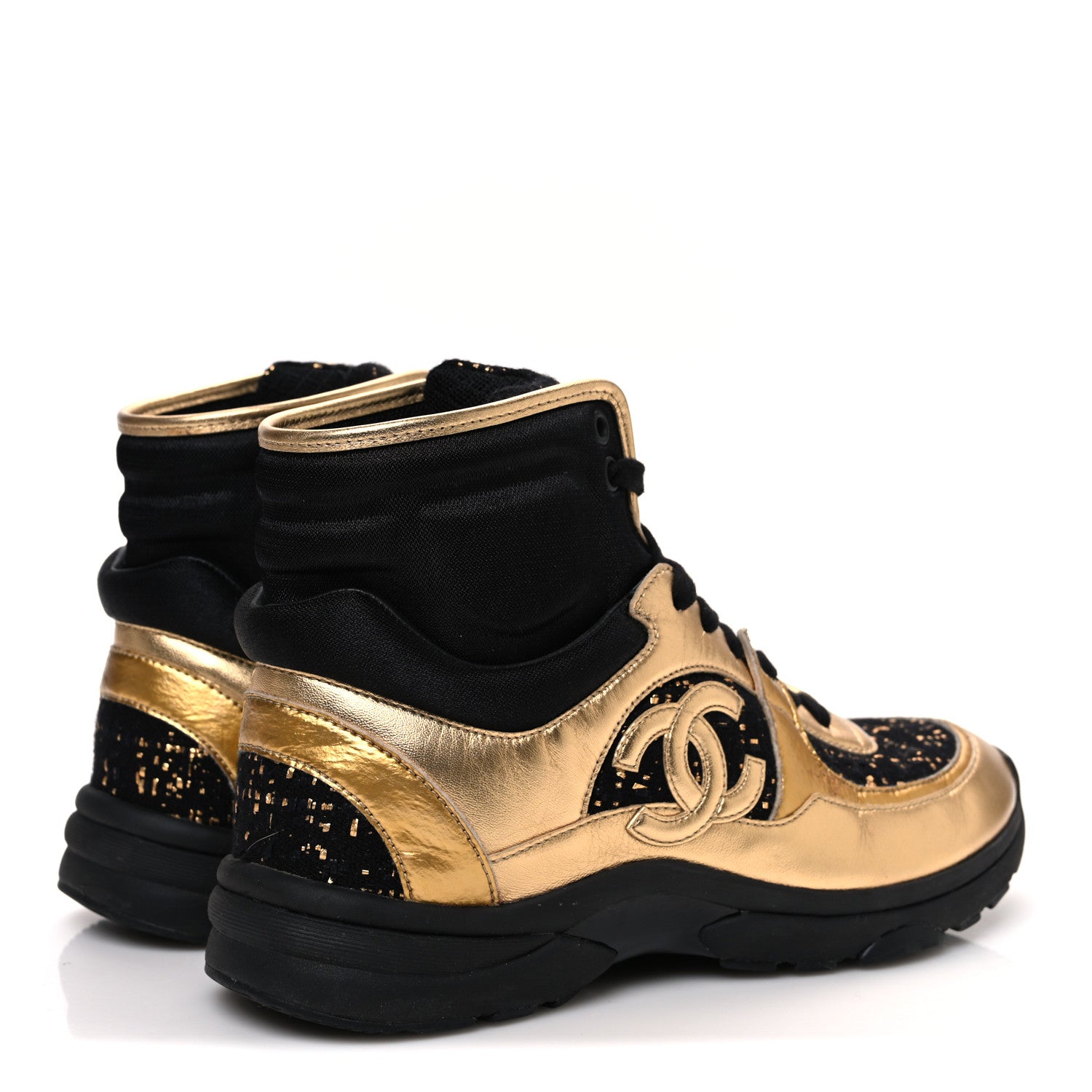 Chanel Satin Lambskin Fabric Tweed CC High Top Sneakers 38  Black Gold 5 of 9
