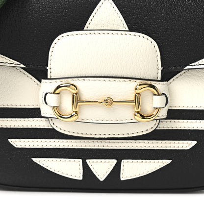 Gucci X ADIDAS Textured Dollar Calfskin Web Trefoil Mini Horsebit 1955 Shoulder Bag Black Off White 7 of 9