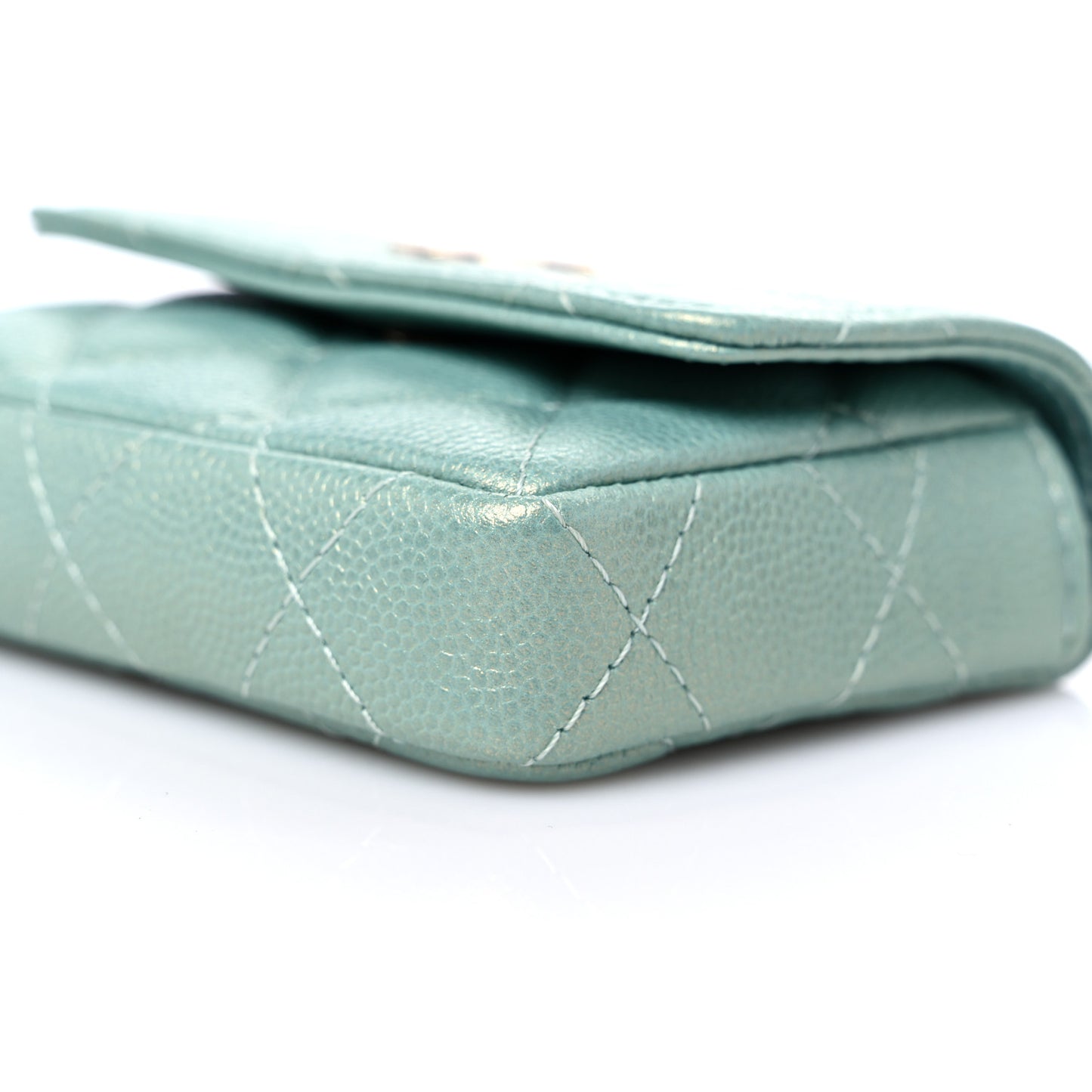 Iridescent Caviar Quilted Pearl On Top Coin Purse With Chain Light Green