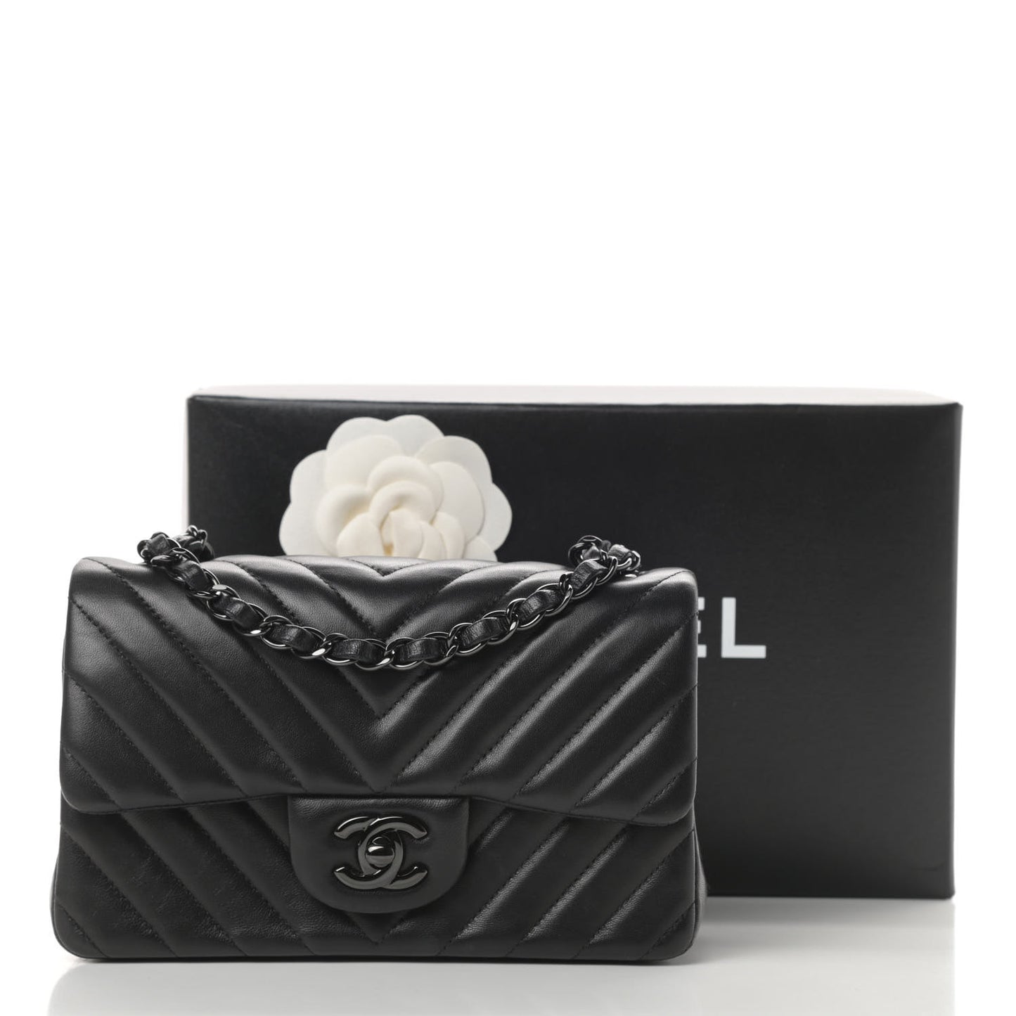 Lambskin Chevron Quilted Mini Rectangular Flap So Black
