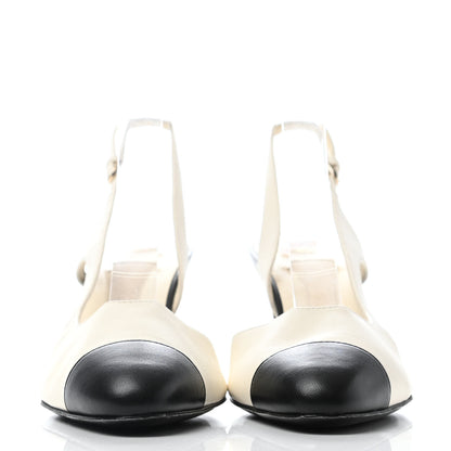 Chanel Lambskin Pearl Cap Toe CC Slingback Pumps 38 Ivory Black 2 of 4