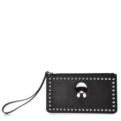 Fendi Vitello Elite Mink Fur Studded Karlito Zip Pouch Black 1 of 9