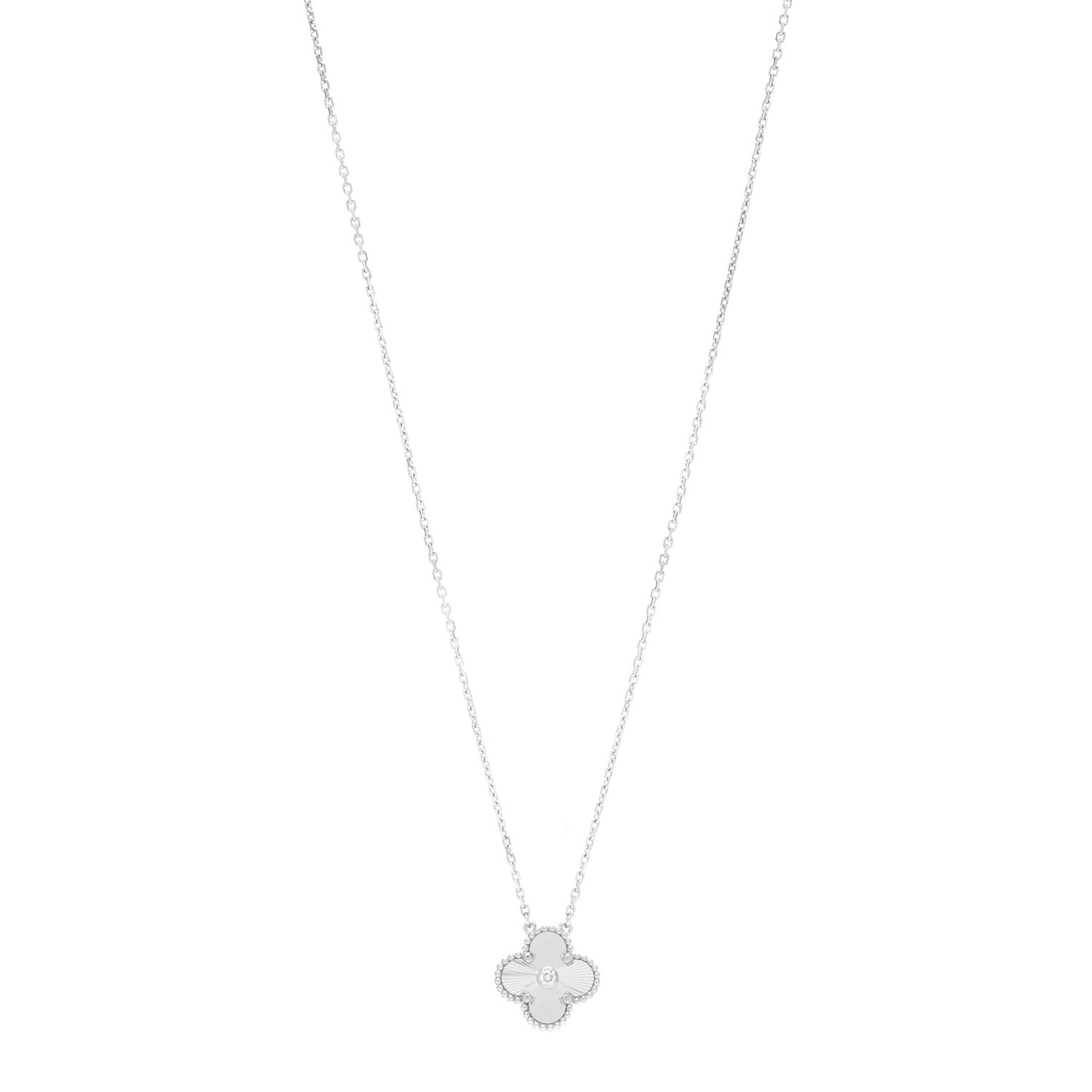 18K White Gold Diamond Guilloche Vintage Alhambra Pendant Necklace