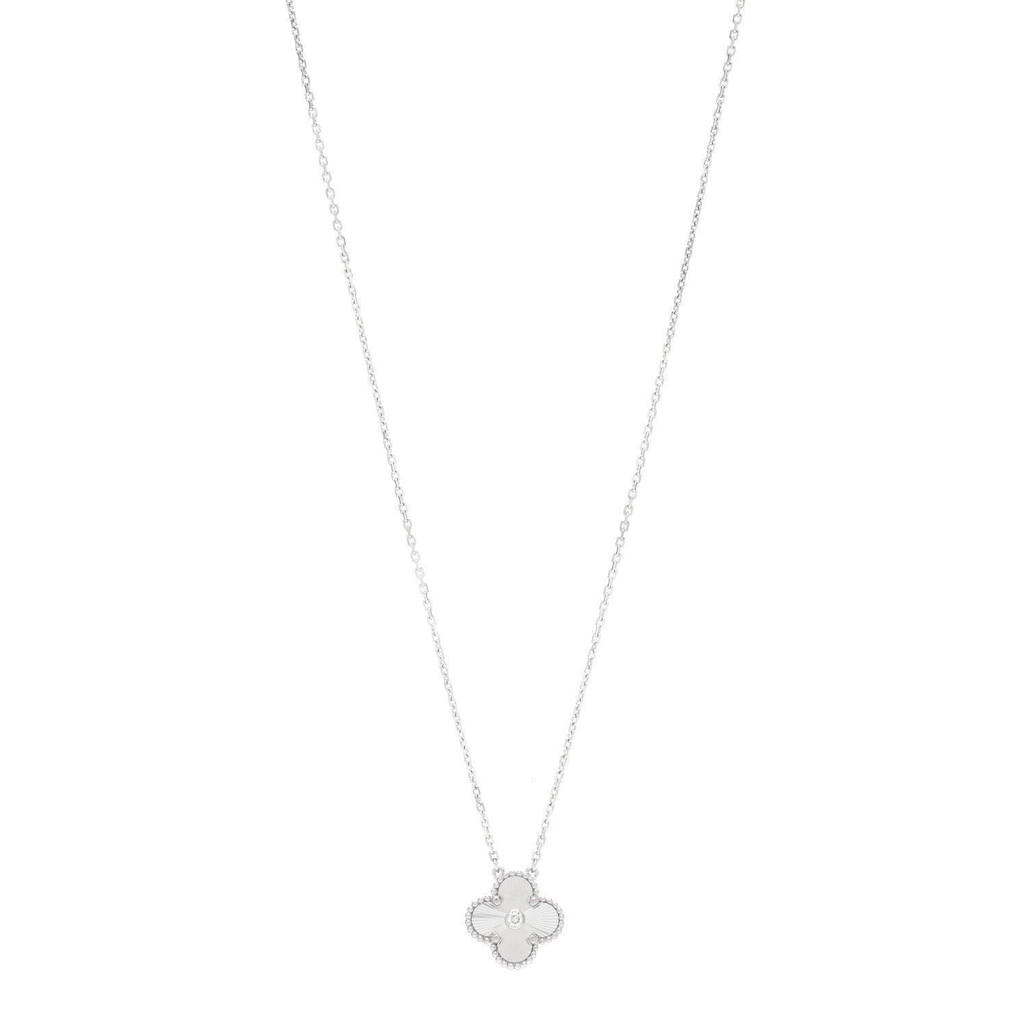 Van Cleef & Arpels 18K White Gold Diamond Guilloche Vintage Alhambra Pendant Necklace 1 of 5