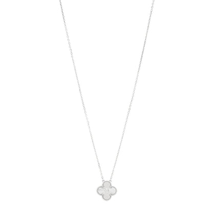 Van Cleef & Arpels 18K White Gold Diamond Guilloche Vintage Alhambra Pendant Necklace 1 of 5