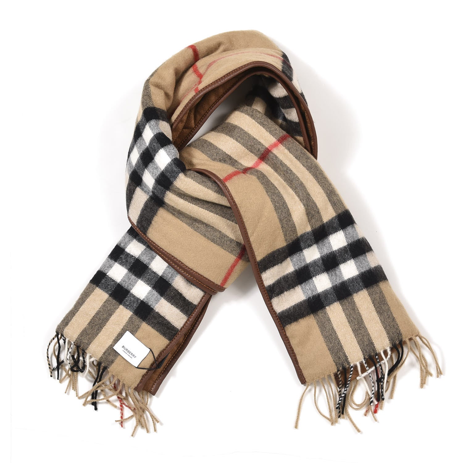 Burberry Cashmere Lambskin Trimmed Vintage Check Fringe Scarf Beige 1 of 4