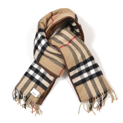 Burberry Cashmere Lambskin Trimmed Vintage Check Fringe Scarf Beige 1 of 4