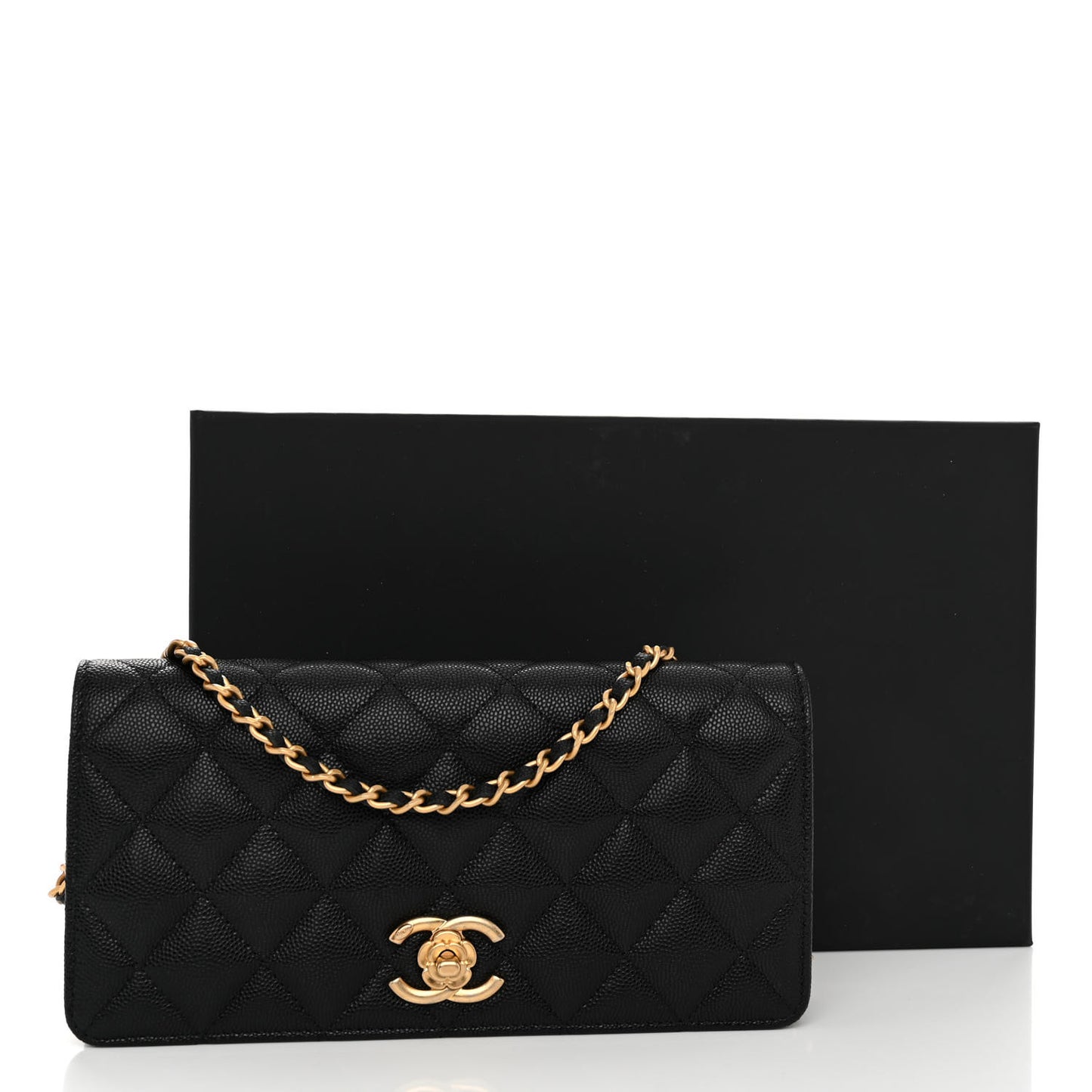 Caviar Quilted Camellia Clutch With Chain Black